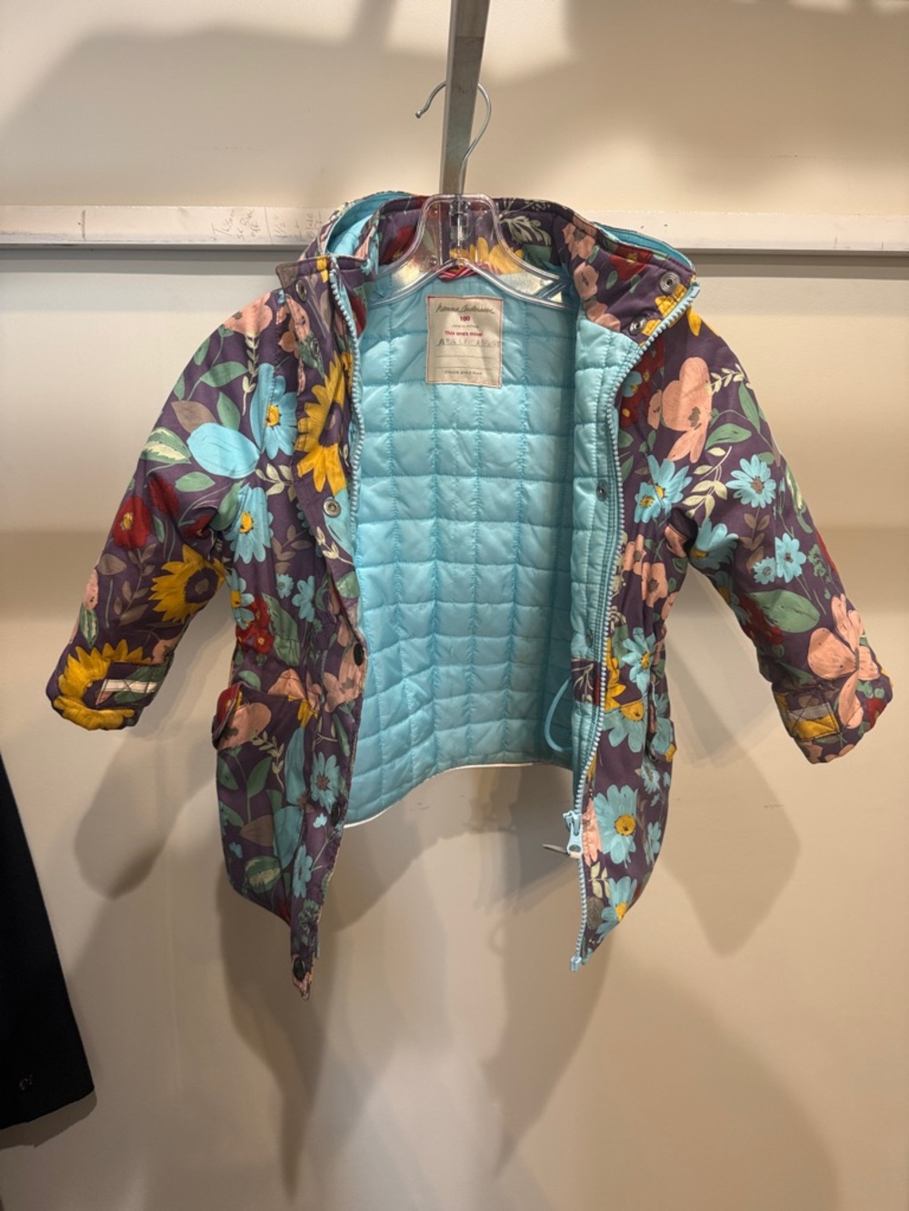 Hanna Anderson Children's Floral Quilted Hooded Jacket - Light Blue Lining